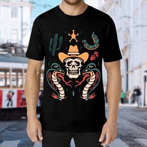 Brand New Skull Cowboy Graphic Tee - Black with Teal & Orange Accents